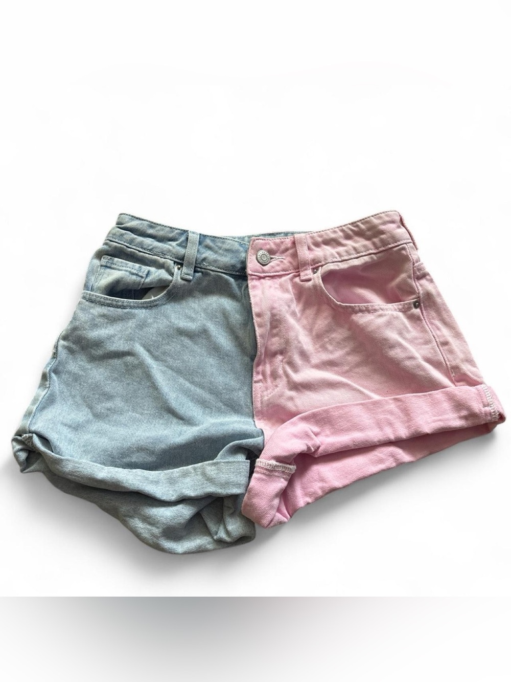 Two-Tone Denim Shorts — Pink & Light Blue